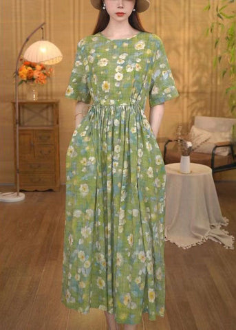 Frauen Gras Grün Cinched Floral Print Baumwolle Knöchel Kleid Sommer 