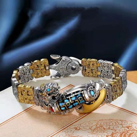 Sterling Silver Turquoise Lucky Pixiu Inlaid Nine-eyed Dzi Curb Chain Bracelet