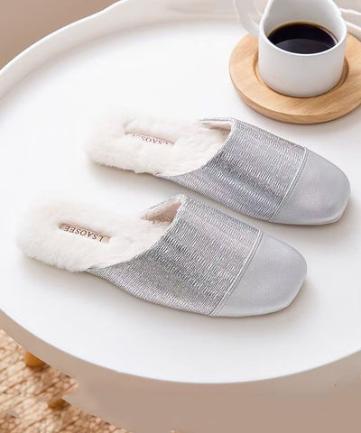 Zapatillas plateadas para mujer con forro de lana afelpada 