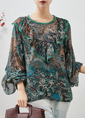 Boho Grün Rüschendruck Chiffon Tops Laternenärmel 