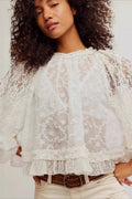 Lace Hollow Ruffle Sleeve Crop Blouse