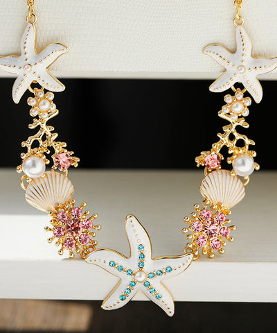 Collar con colgante de concha y perla de circonita esmaltada y sobredorada en plata de ley azul de moda 