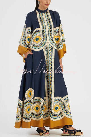 Shine The Light Unique Printed High Neck Bell Sleeve Loose Maxi Dress