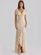 Floral Printed V-Neck Bodycon Maxi Dress