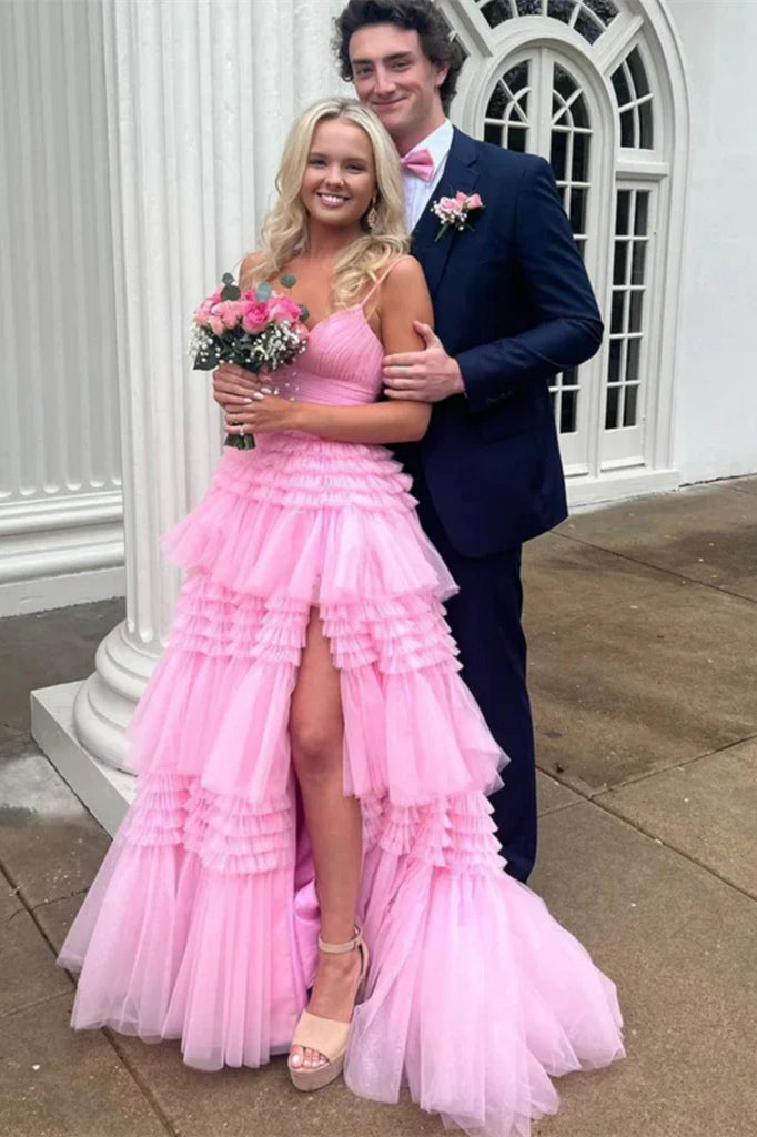Langes, pinkfarbenes A-Linien-Abendkleid mit Spaghettiträgern und Schlitz