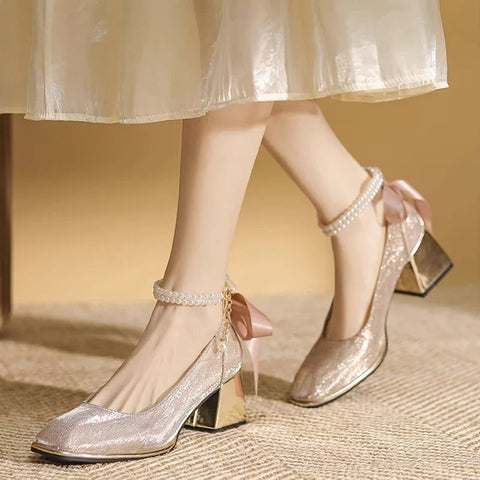 Spring Bling Mary Janes String Bead Shoes Women Bow Mid Heels Shoes 2024 Pumps New Mujer Wedding Fashion Elegant Zapatos Shallow