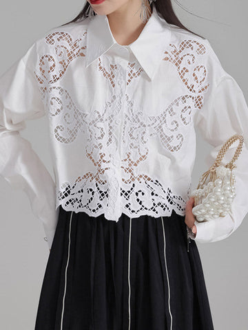 Lange Ärmel Lose Geknöpft Hohl Einfarbig Revers Blusen &amp; Hemden Tops 