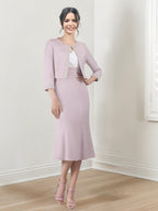 Vestidos para madre de la novia con escote en V, corte tubo y largo hasta la rodilla 