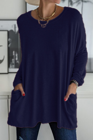 Tops casuales de cuello redondo con bolsillos y parches sólidos (13 colores) 