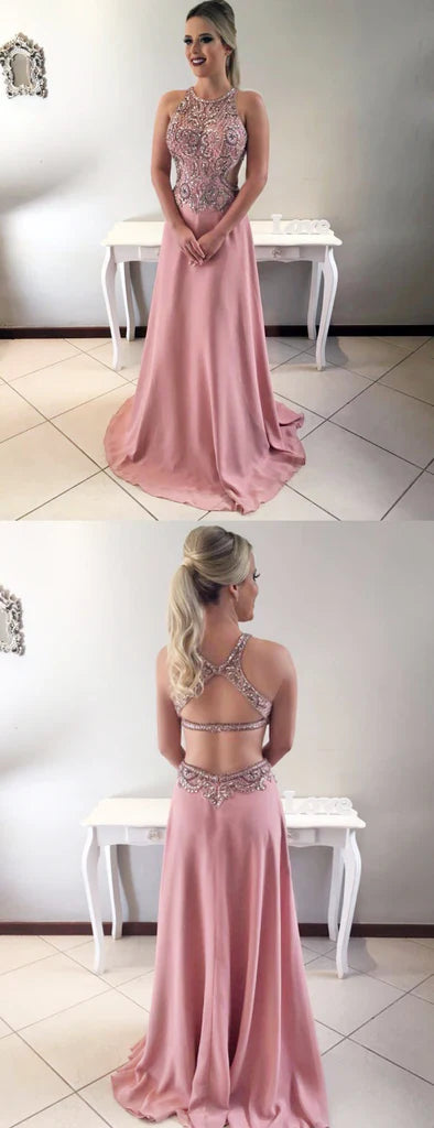 Vestidos de Noche de Lujo Color Rosa Polvoriento con Pedrería y Espalda Abierta