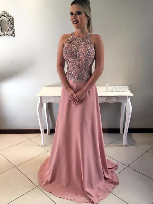 Vestidos de Noche de Lujo Color Rosa Polvoriento con Pedrería y Espalda Abierta