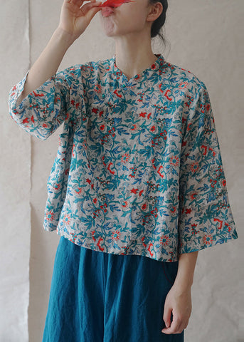 Vintage Blau Button Print Leinen Shirts Armband Ärmel 