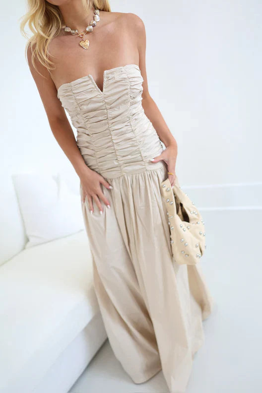 Chic V Neck Ruched Column Maxi Dress -  Ankle-Length Prom Dress