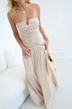 Chic V Neck Ruched Column Maxi Dress -  Ankle-Length Prom Dress