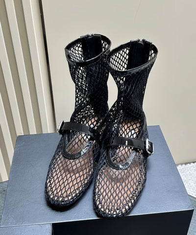 Boho Schwarze, ausgehöhlte, atmungsaktive Mesh-Stiefel mit Schnallenriemen 