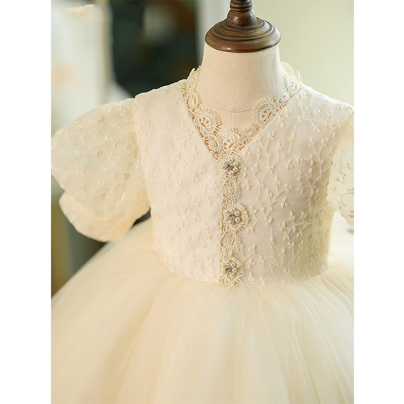 Vestido de niña pequeña blanco con vuelo, para comunión, desfile, princesa, bautizo 