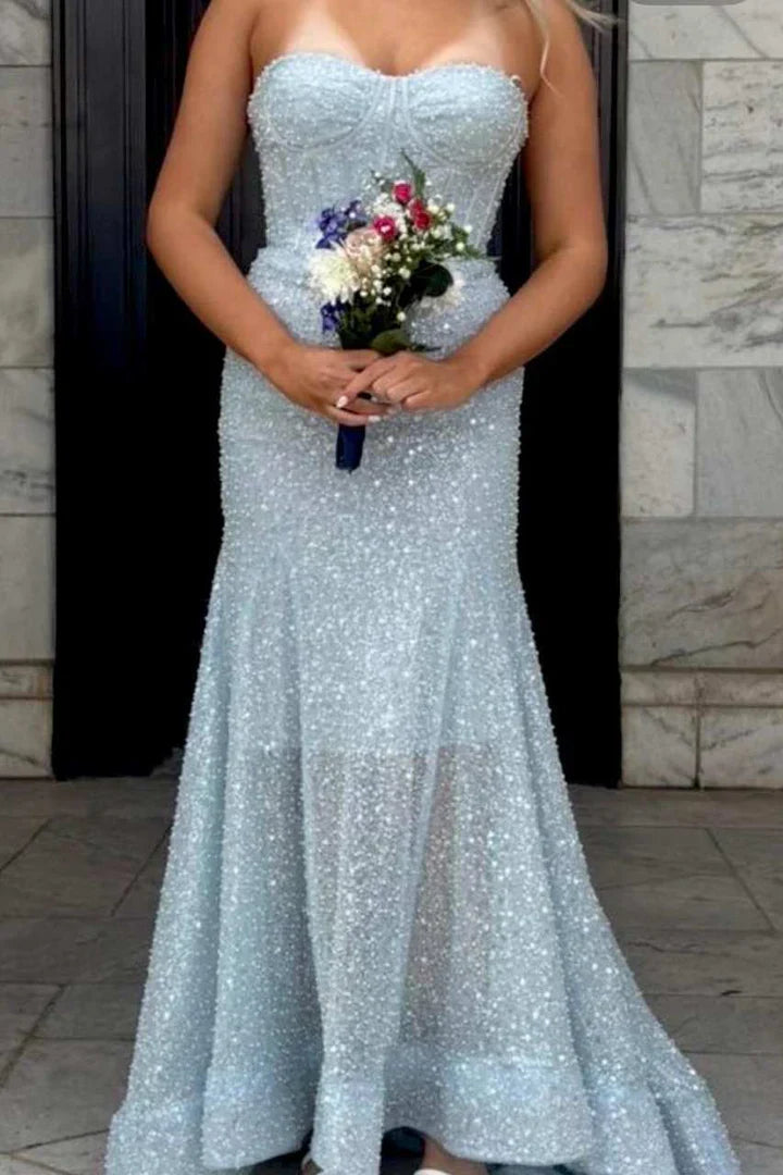 Elegant  Strapless Glitter Sweetheart Sleeveless Mermaid Prom Party Dress