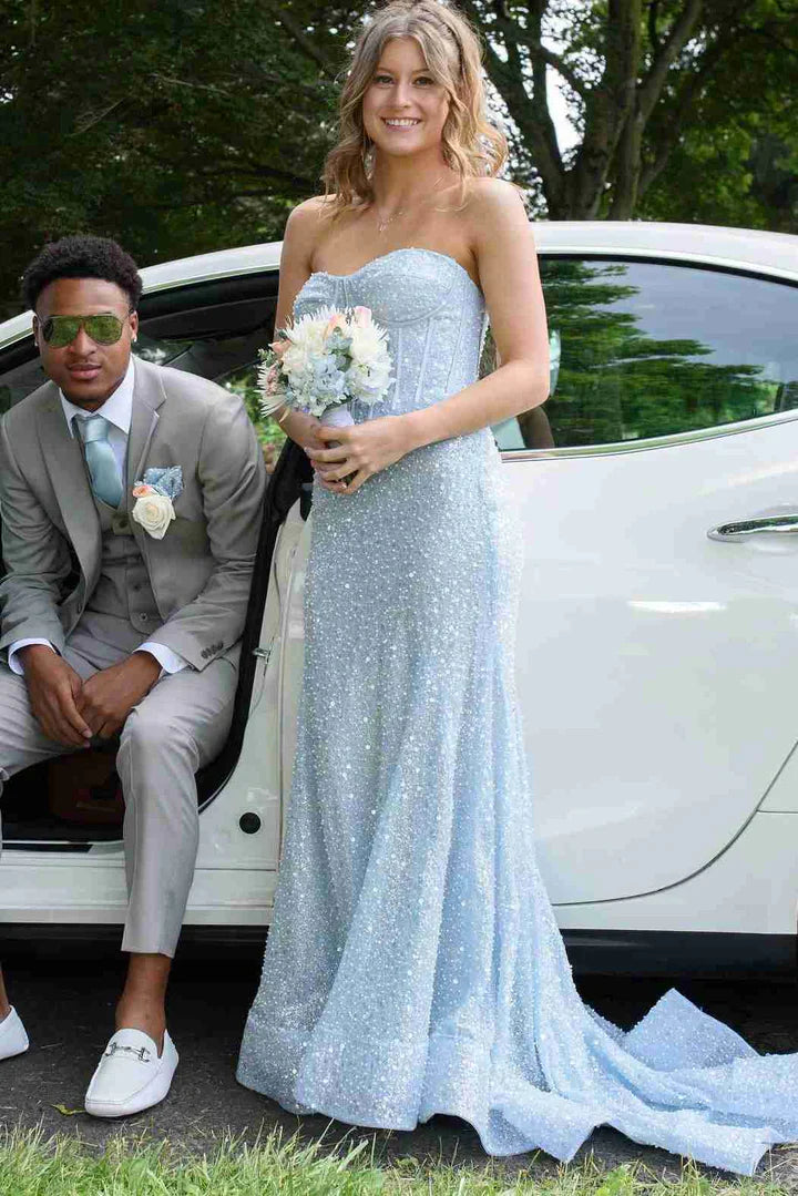 Elegant  Strapless Glitter Sweetheart Sleeveless Mermaid Prom Party Dress