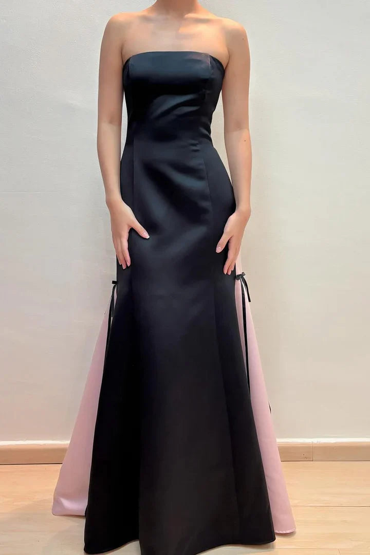 Strapless Sleeveless A-Line Scoop Satin Long Prom Formal Dress