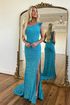 Mermaid One Shoulder Blue Sequins Long Prom Dress with Split Front