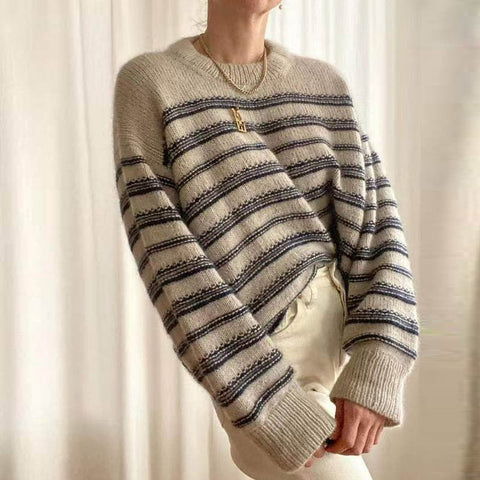 Autumn Winter Popular Fashionable Elegant Striped round Neck Thick Needle Long Sleeve Velvet Sweater