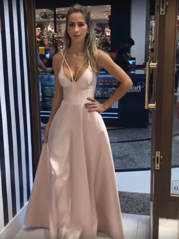 Minimalist Dusty Satin Spaghetti Strap A-line Simple Prom Dresses