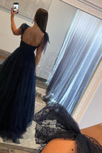 Navy Blue Spaghetti Straps Backless Polka Dots A-line Princess Dress