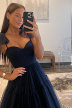 Navy Blue Spaghetti Straps Backless Polka Dots A-line Princess Dress
