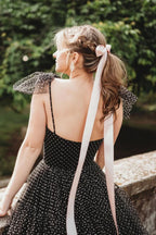 Navy Blue Spaghetti Straps Backless Polka Dots A-line Princess Dress
