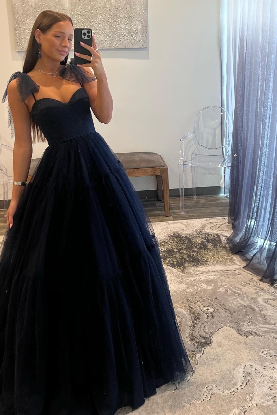 Navy Blue Spaghetti Straps Backless Polka Dots A-line Princess Dress
