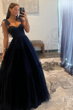 Navy Blue Spaghetti Straps Backless Polka Dots A-line Princess Dress