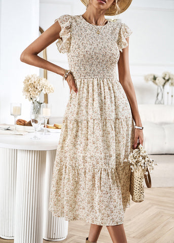 Vestido midi plisado elástico con mangas de loto y cuello redondo floral 