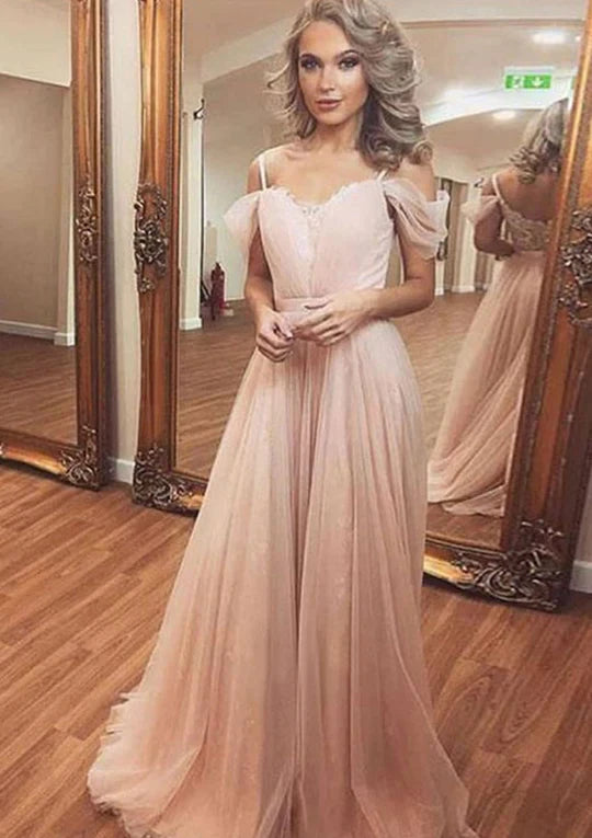 Princess Sweetheart Cold Shoulder Sweep Pearl Pink Tulle Prom Dress