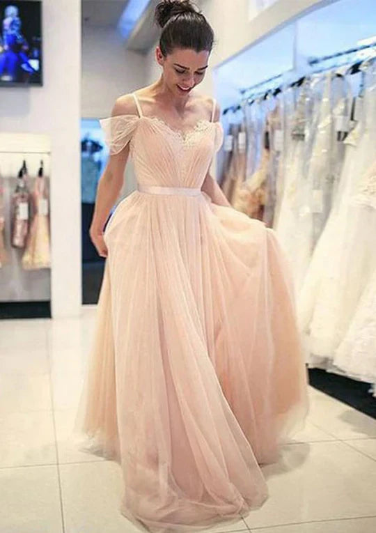 Princess Sweetheart Cold Shoulder Sweep Pearl Pink Tulle Prom Dress