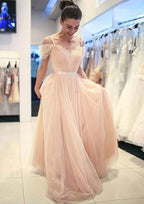 Princess Sweetheart Cold Shoulder Sweep Pearl Pink Tulle Prom Dress