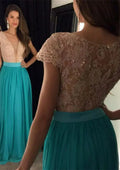 Langes türkisfarbenes Chiffon-Ballkleid mit Strassspitze und tiefem Ausschnitt