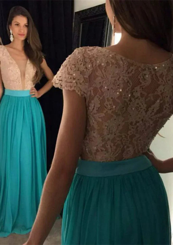 Langes türkisfarbenes Chiffon-Ballkleid mit Strassspitze und tiefem Ausschnitt