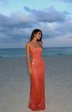 Elegantes, champagnerfarbenes, rückenfreies Pailletten-Tanktop-Abendkleid