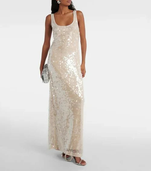 Elegantes, champagnerfarbenes, rückenfreies Pailletten-Tanktop-Abendkleid