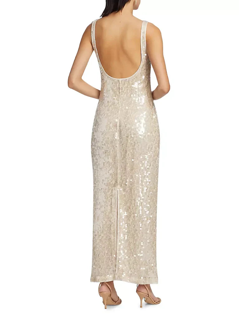 Elegantes, champagnerfarbenes, rückenfreies Pailletten-Tanktop-Abendkleid