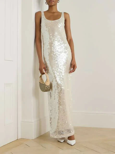 Elegantes, champagnerfarbenes, rückenfreies Pailletten-Tanktop-Abendkleid