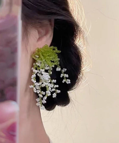 Chic Colorblock Beading Floral Tassel Drop Earrings