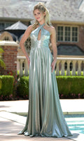 Vestido elegante con escote halter fruncido y abertura en la cerradura, con líquido metalizado
