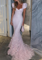 Pailletten-Meerjungfrauenkleid mit Blumenmuster, kurzen Ärmeln und herzförmigem Herzausschnitt