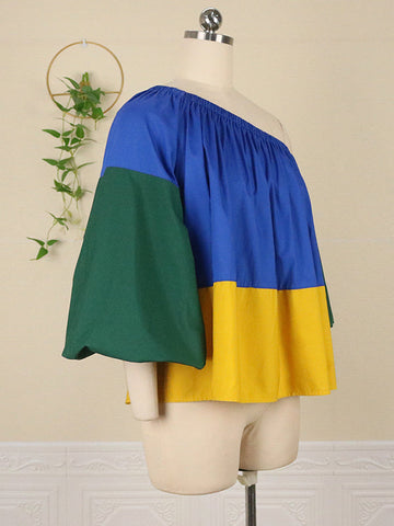 Loose Belted Color-Block Falbala One-Shoulder Shirts Tops