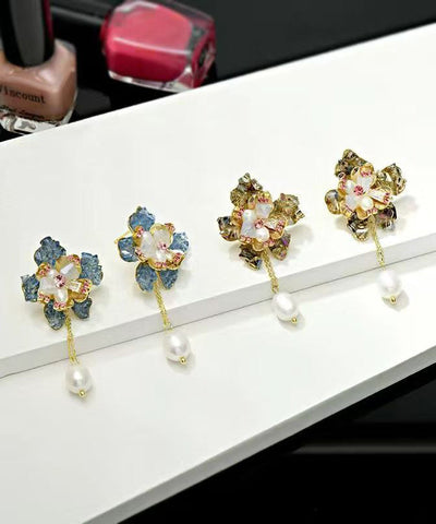 Boho Yellow Copper Pearl Crystal Floral Tassel Drop Earrings