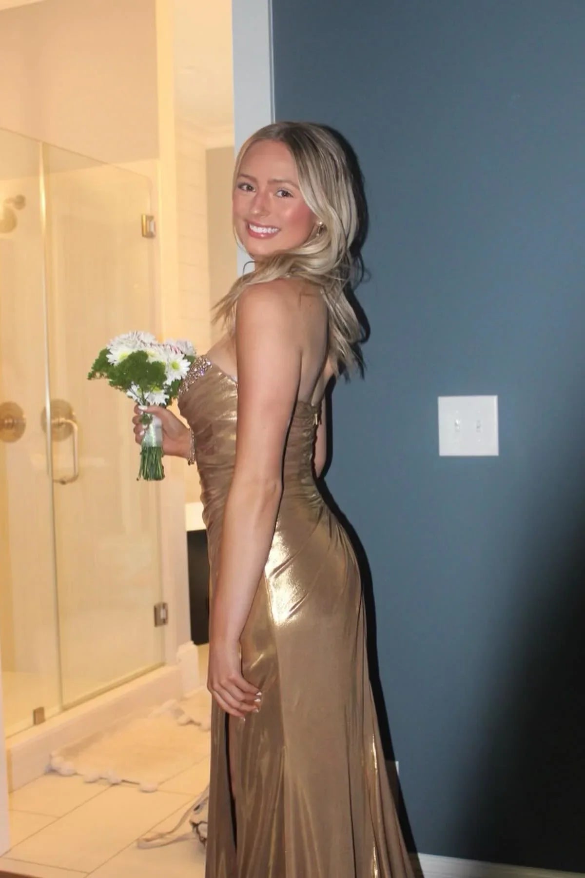 Chic Beaded Ruched Long Dress with Slit Prom Dress