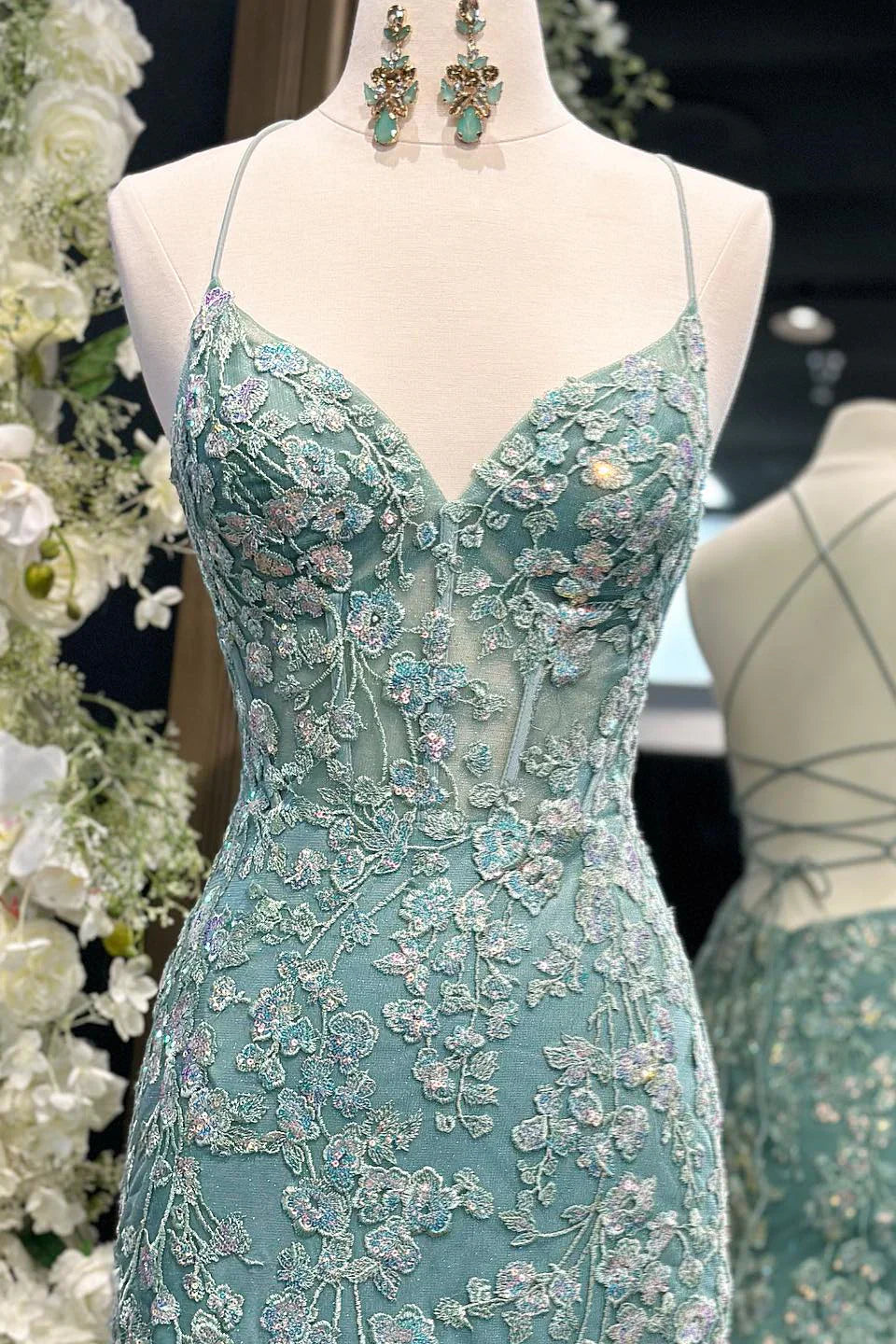 Sexy V-neck Sage Embroidery Mermaid Prom Dress