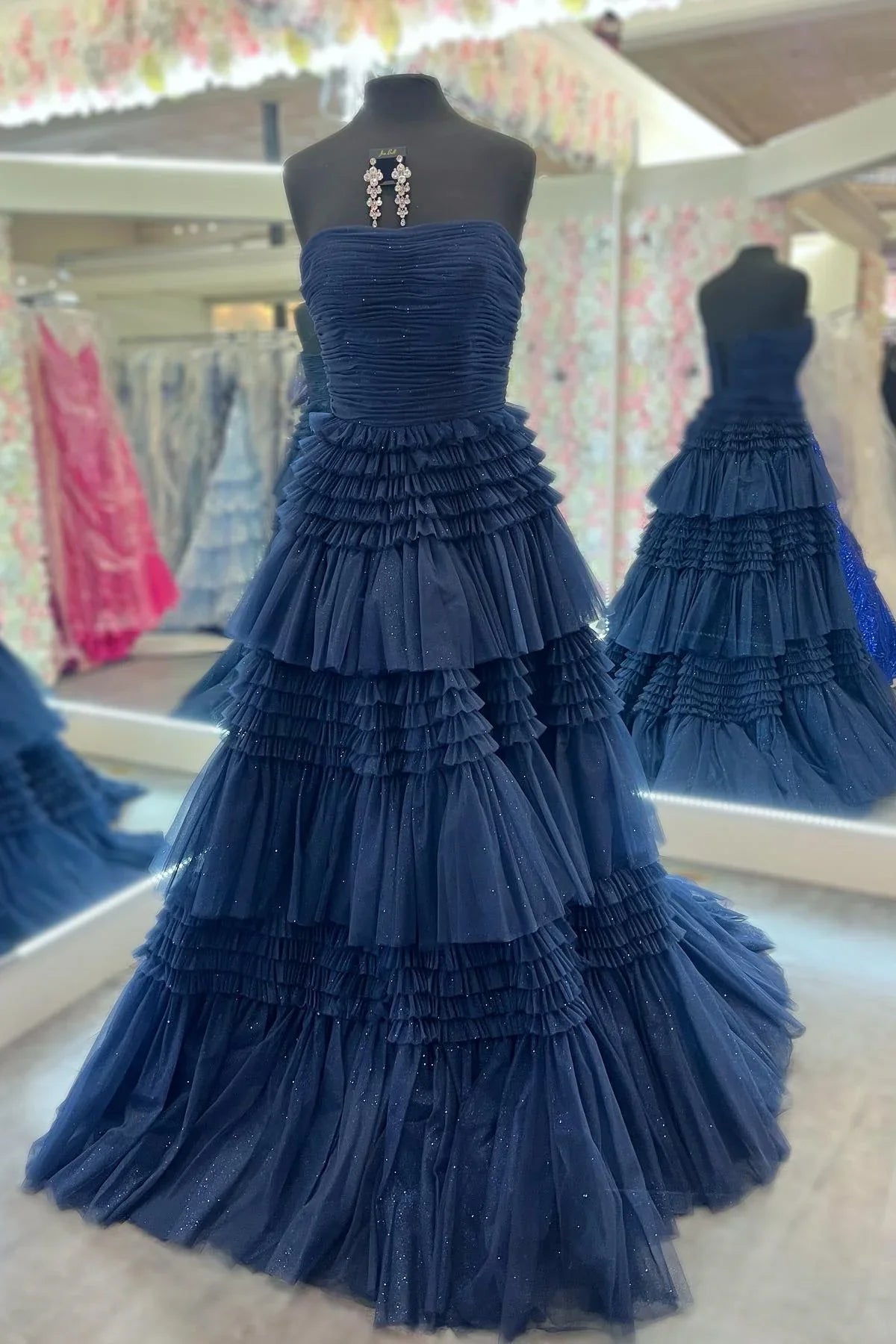 Chic Strapless Periwinkle Tulle Tiered Ruffle Formal Dress