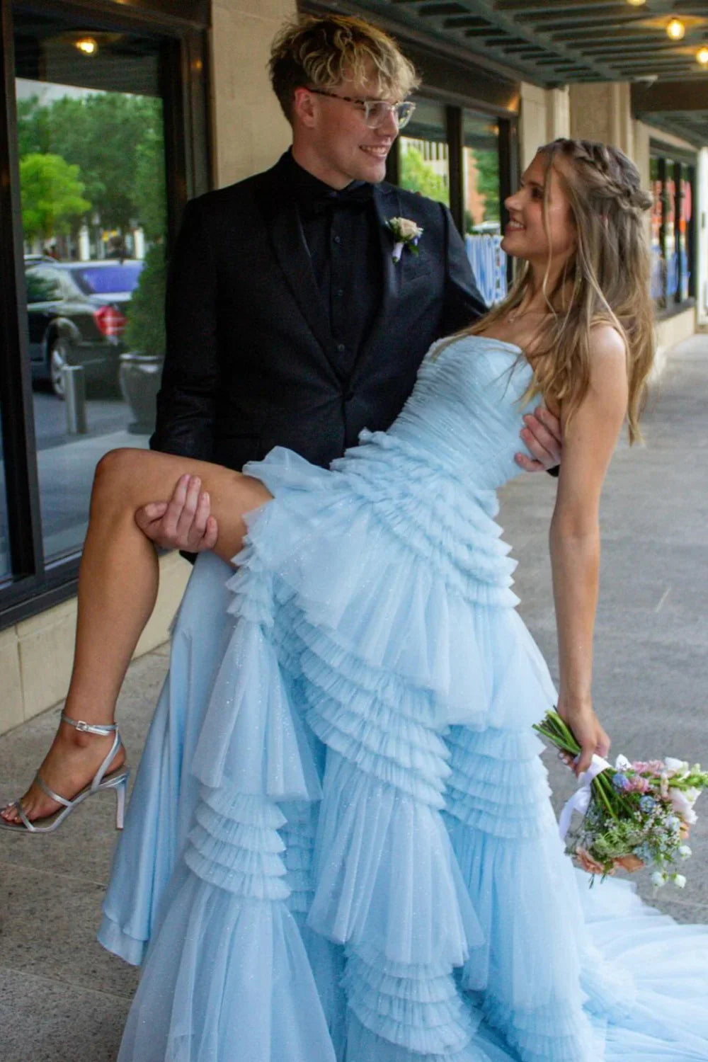 Chic Strapless Periwinkle Tulle Tiered Ruffle Formal Dress